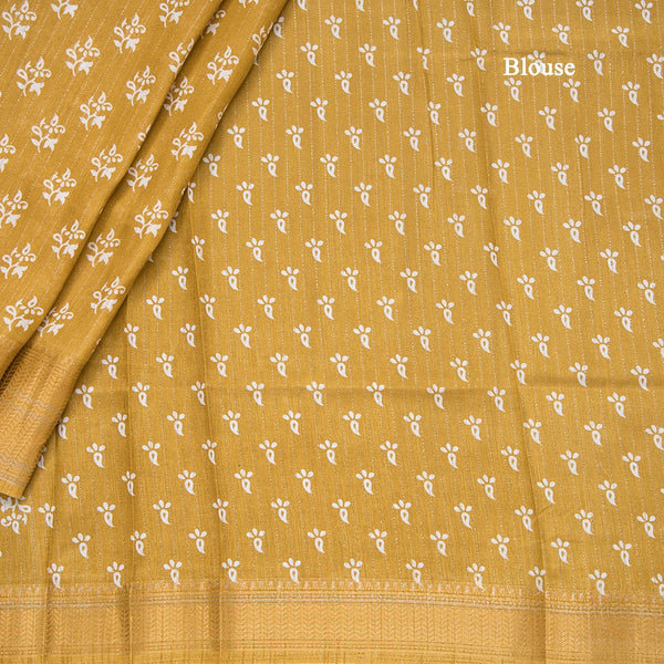 Semi Raw Silk Gold Printed With Zari Stripes Saree
