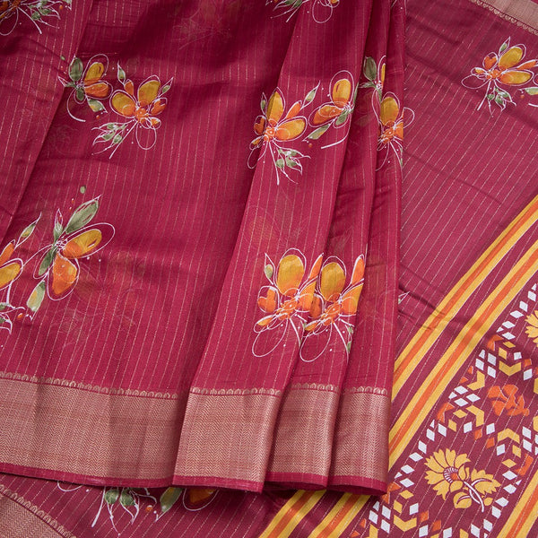 Semi Raw Silk Maroon Printed With Zari Stripes Saree