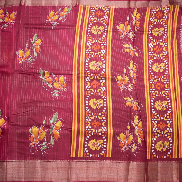 Semi Raw Silk Maroon Printed With Zari Stripes Saree