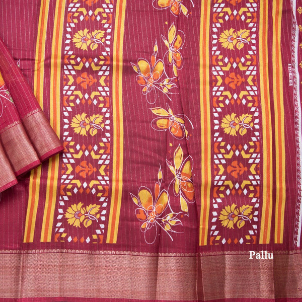 Semi Raw Silk Maroon Printed With Zari Stripes Saree