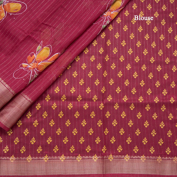 Semi Raw Silk Maroon Printed With Zari Stripes Saree