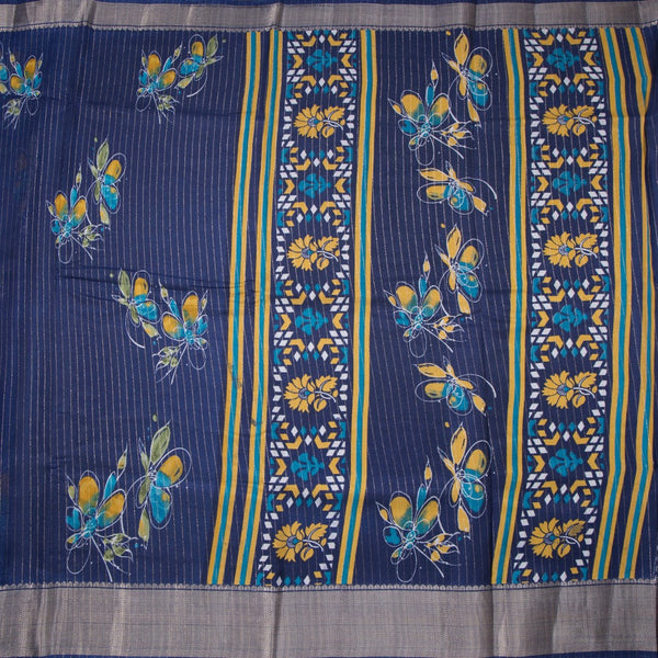 Semi Raw Silk Navy Blue Printed With Zari Stripes Saree