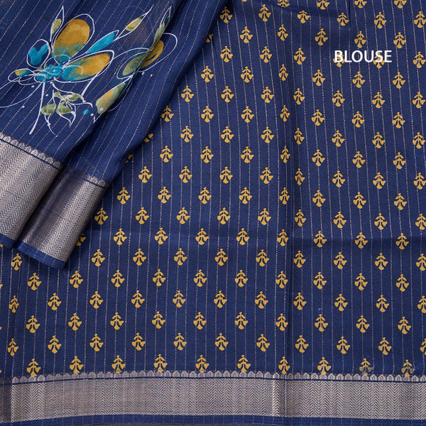 Semi Raw Silk Navy Blue Printed With Zari Stripes Saree