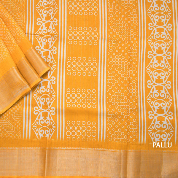Semi Raw Silk Mango Yellow Printed With Zari Stripes Saree