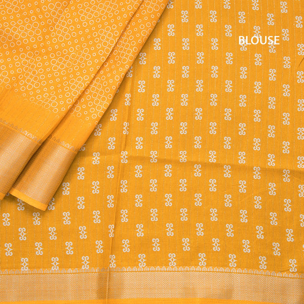 Semi Raw Silk Mango Yellow Printed With Zari Stripes Saree