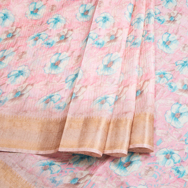 Semi Raw Silk Baby Pink Printed With Zari Stripes Saree