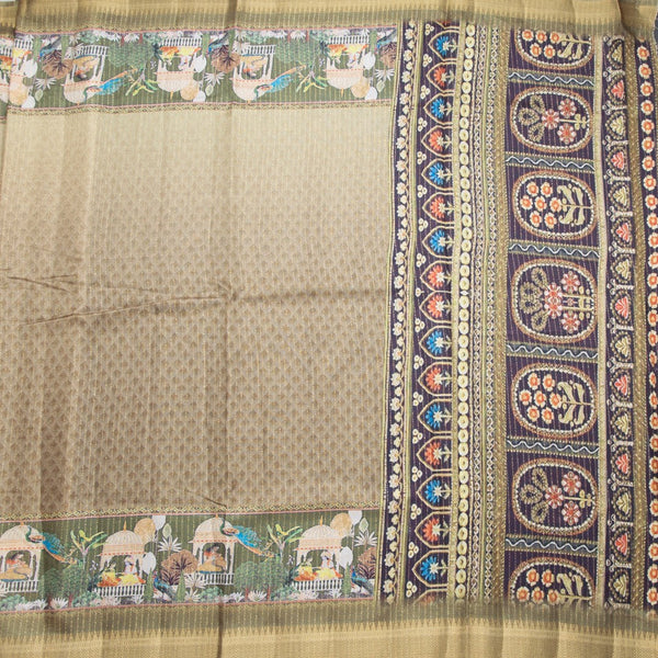 Semi Raw Silk Mehandi Green Printed With Zari Stripes Saree