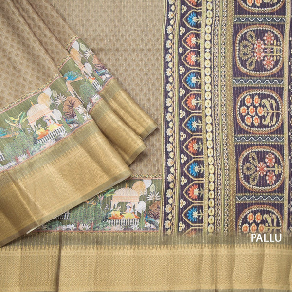 Semi Raw Silk Mehandi Green Printed With Zari Stripes Saree
