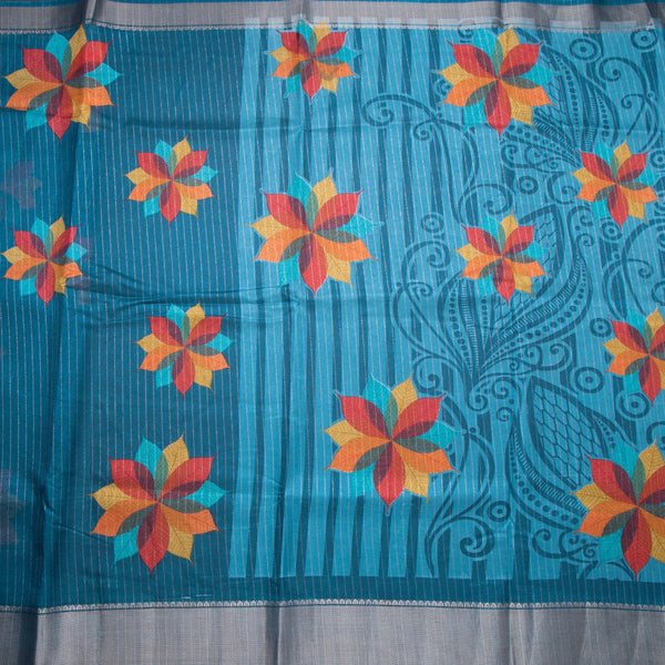 Semi Raw Silk Peacock Blue Printed With Zari Stripes Saree