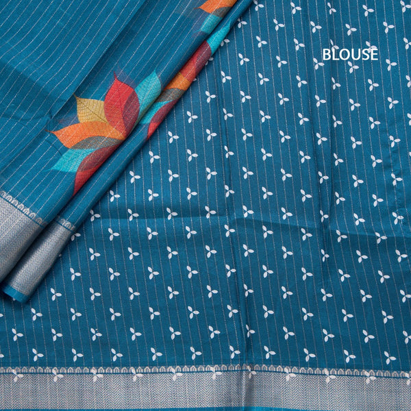 Semi Raw Silk Peacock Blue Printed With Zari Stripes Saree