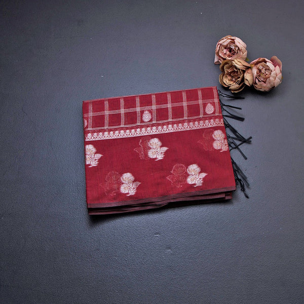 Semi Raw Silk Maroon Zari Worked Saree