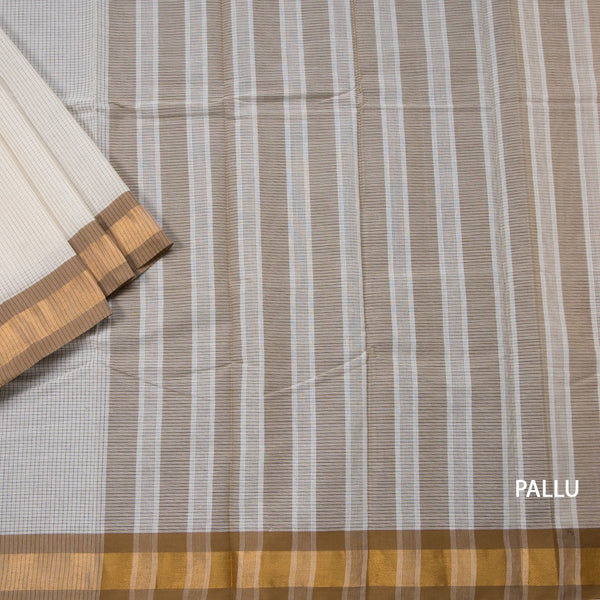 Poly Cotton Cream Checked Printed Saree