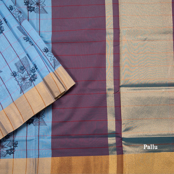 Poly Cotton Light Blue Printed Saree