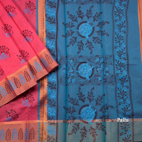 Poly Cotton Reddish Pink Printed Saree