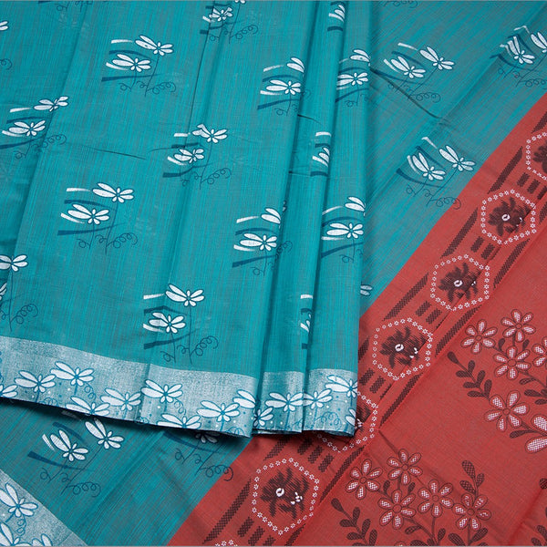 Poly Cotton Peacock Blue Printed Saree