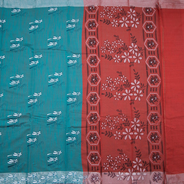 Poly Cotton Peacock Blue Printed Saree