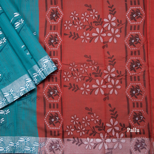 Poly Cotton Peacock Blue Printed Saree