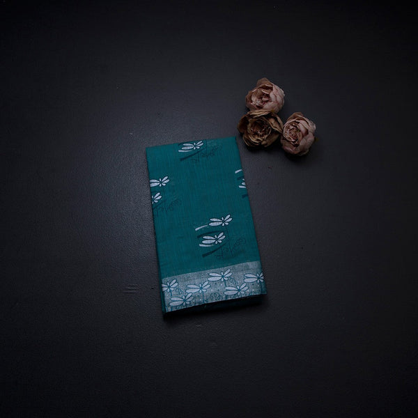 Poly Cotton Peacock Blue Printed Saree