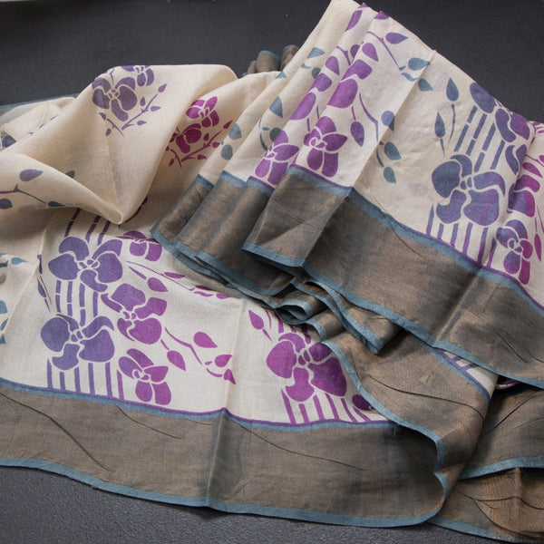 Pure Tussar Cream Floral Printed Saree 02