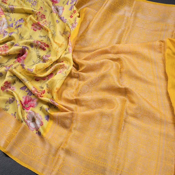 Pure Tussar Yellow Floral Printed Saree