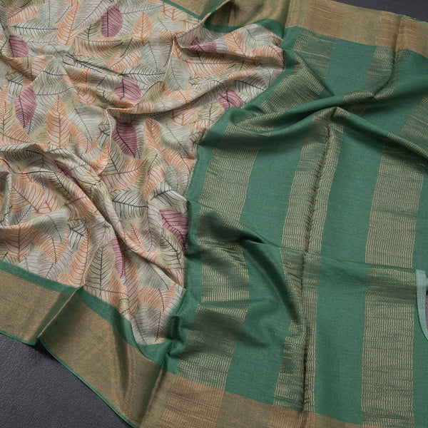 Pure Tussar Green Leaf Printed Saree