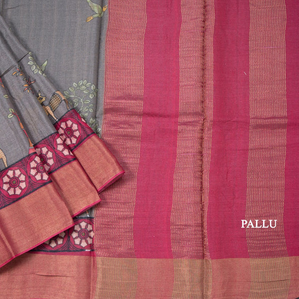 Pure Tussar Grey Printed Saree With Forest Design
