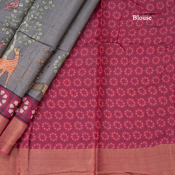Pure Tussar Grey Printed Saree With Forest Design