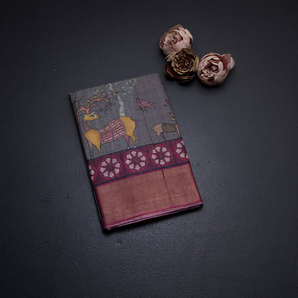 Pure Tussar Grey Printed Saree With Forest Design