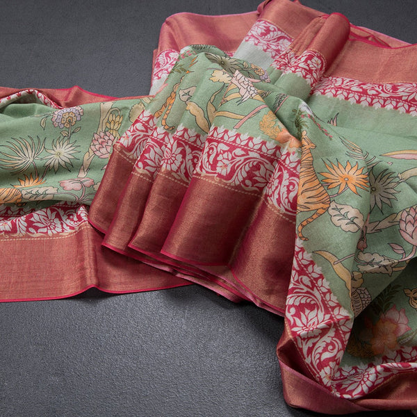Pure Tussar Light Green Printed Saree With Forest Design