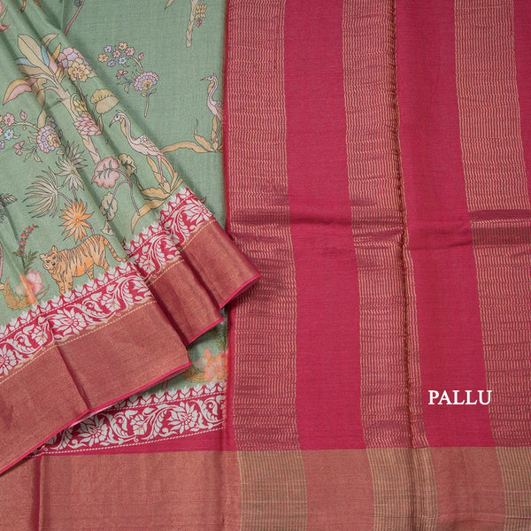 Pure Tussar Light Green Printed Saree With Forest Design