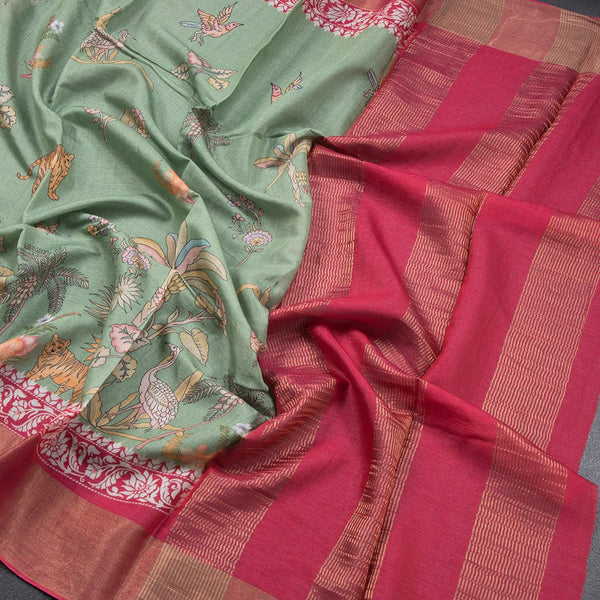 Pure Tussar Light Green Printed Saree With Forest Design