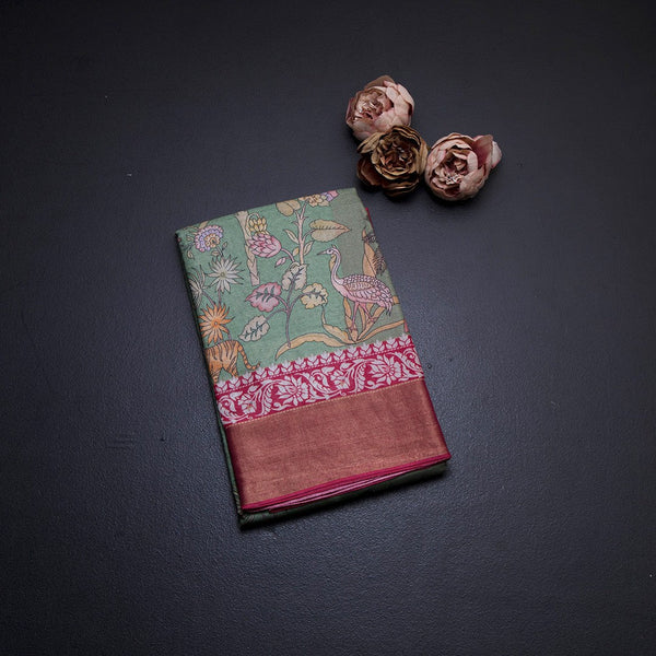 Pure Tussar Light Green Printed Saree With Forest Design