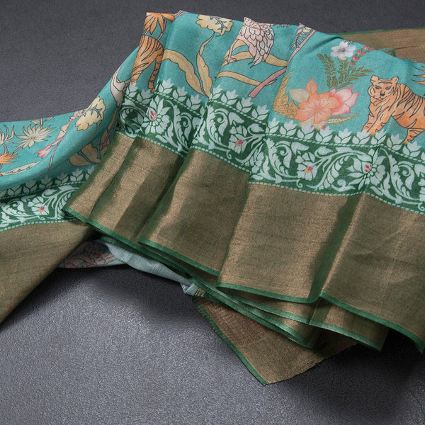 Pure Tussar Turquoise Printed Saree With Forest Design