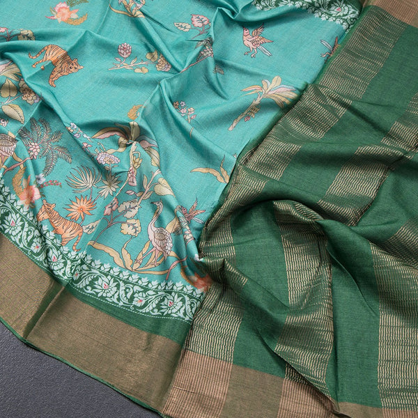 Pure Tussar Turquoise Printed Saree With Forest Design