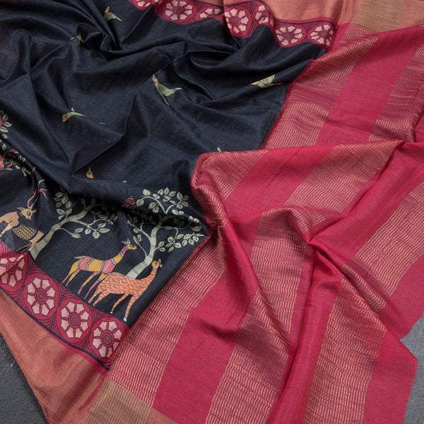 Pure Tussar Black Printed Saree With Forest Design