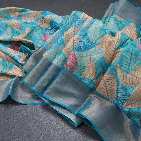 Pure Tussar Blue Leaf Printed Saree 02