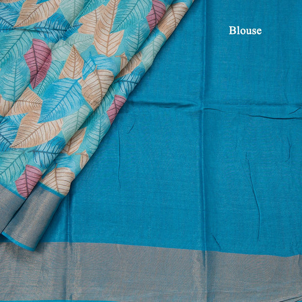 Pure Tussar Blue Leaf Printed Saree 02