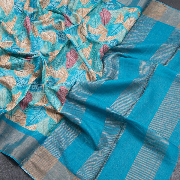 Pure Tussar Blue Leaf Printed Saree 02 - Kumaran Silks