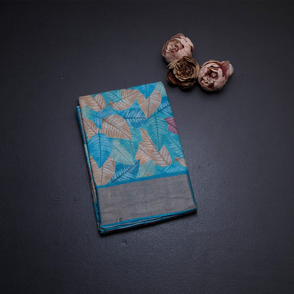 Pure Tussar Blue Leaf Printed Saree 02