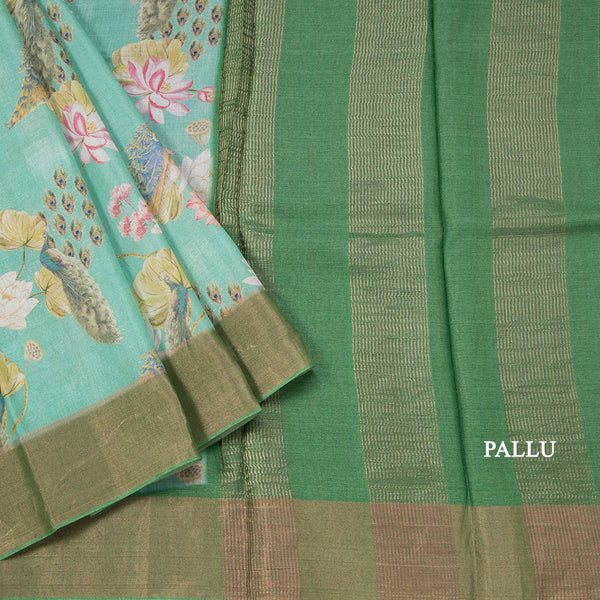 Pure Tussar Mint Green Printed Saree Peacock With Floral Design