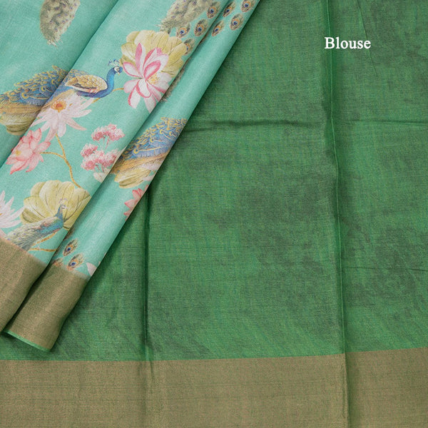 Pure Tussar Mint Green Printed Saree Peacock With Floral Design