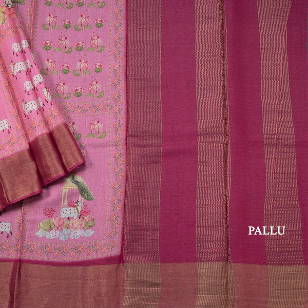 Pure Tussar Rose Pink Printed Saree Animal With Floral Design