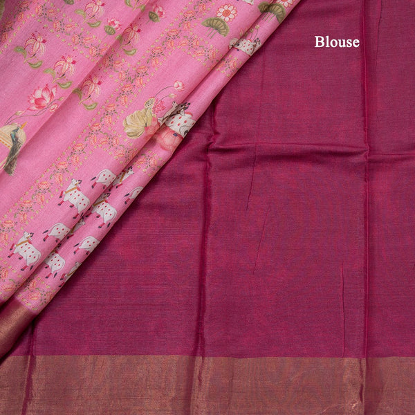 Pure Tussar Rose Pink Printed Saree Animal With Floral Design