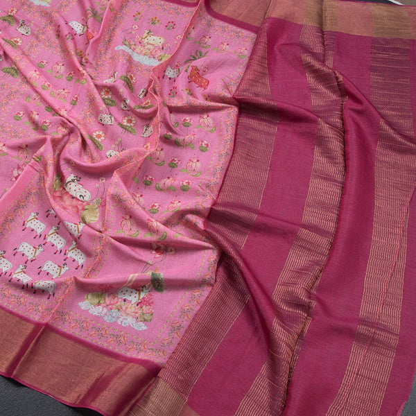 Pure Tussar Rose Pink Printed Saree Animal With Floral Design