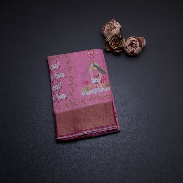 Pure Tussar Rose Pink Printed Saree Animal With Floral Design