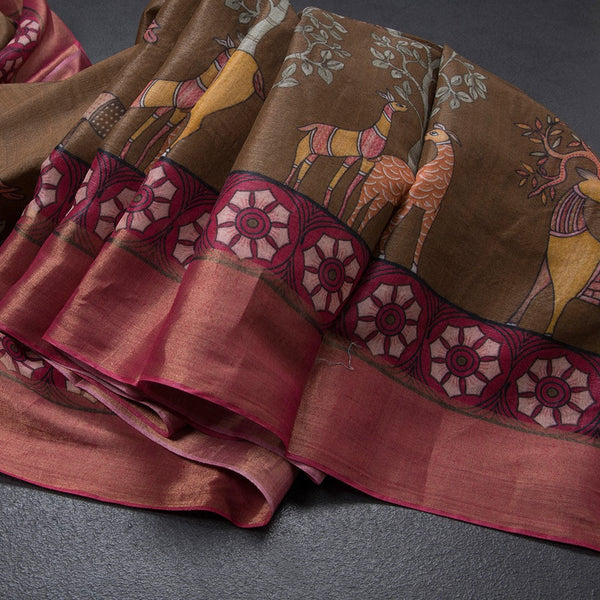 Pure Tussar Coffee Brown Printed Saree With Forest Design