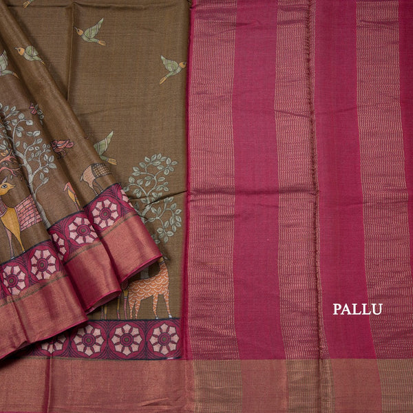 Pure Tussar Coffee Brown Printed Saree With Forest Design