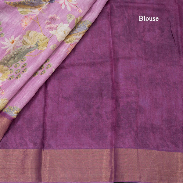 Pure Tussar Lavender Printed Saree Peacock With Floral Design