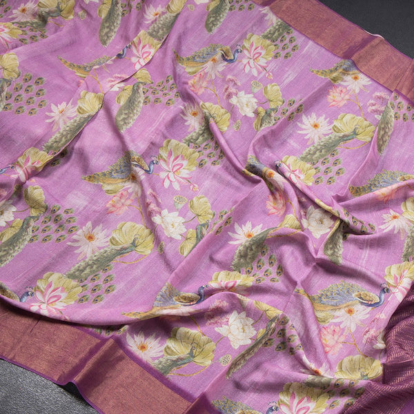 Pure Tussar Lavender Printed Saree Peacock With Floral Design