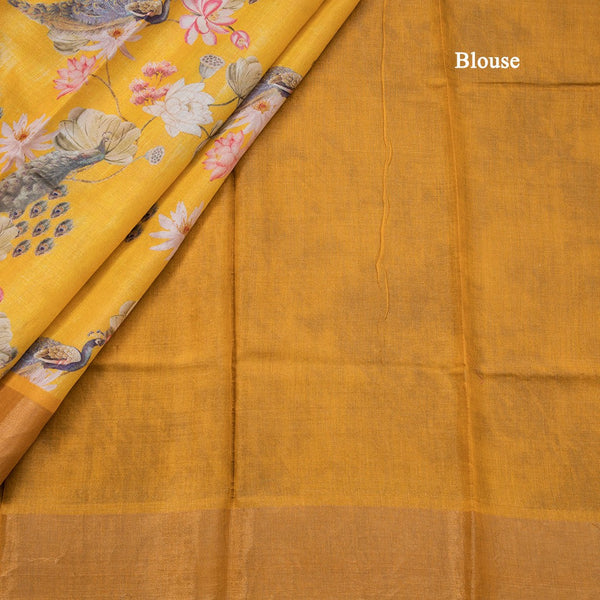 Pure Tussar Mango Yellow Printed Saree Peacock With Floral Design